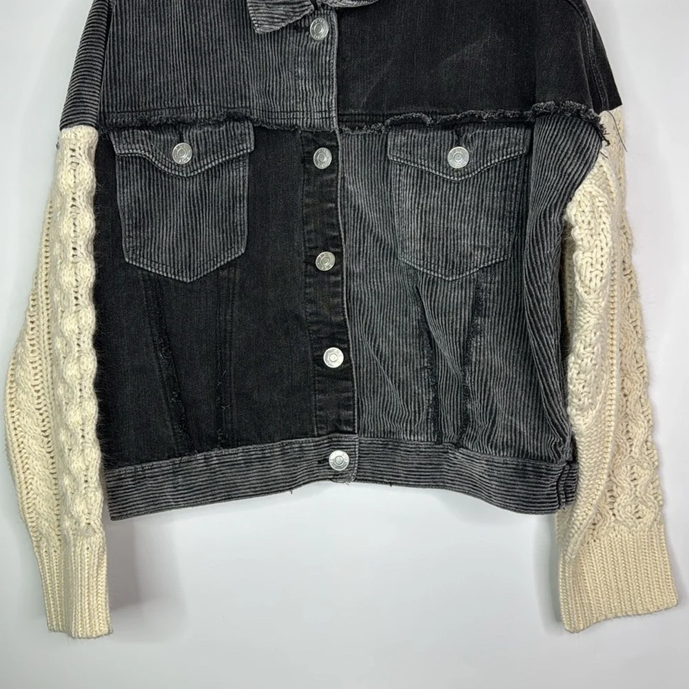 POL Black Gray Patchwork Denim Button Jacket Size Small